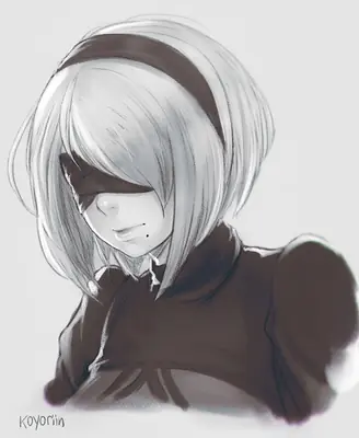 Fan art of 2B (YoRHa No.2 Type B) from NieR: Automata, depicted with white hair and a blindfold in a gothic-lolita style.