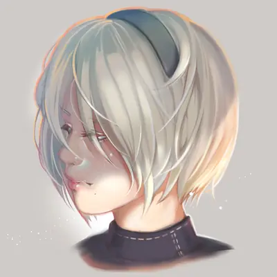 Digital illustration of 2B (YoRHa No.2 Type B) from NieR: Automata with white hair and a blindfold, shown in profile.