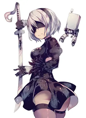 2B (YoRHa No.2 Type B) from NieR: Automata depicted in a gothic-lolita style with a blindfold and sword, standing against a plain white background.