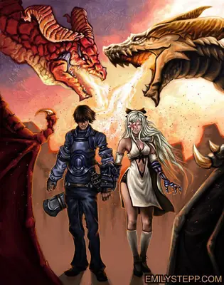 Fan art depicting 2B (YoRHa No.2 Type B) and 9S from NieR: Automata standing together as two dragons clash behind them.