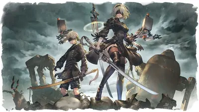 Fan art of 2B and 9S from NieR: Automata standing amidst post-apocalyptic ruins under a stormy sky.