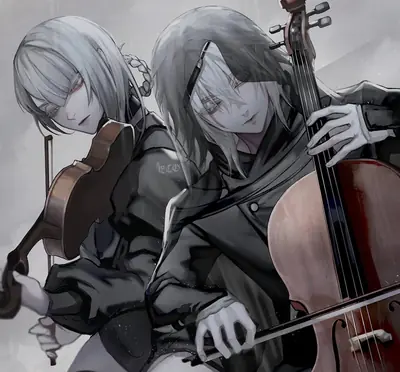 Fan art of 2B and 9S from NieR: Automata, featuring the characters playing a violin and cello in a dramatic, monochrome setting.