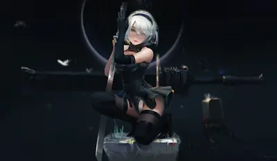 Fan art of 2B (YoRHa No.2 Type B) from NieR: Automata, depicted in a gothic-lolita outfit with a blindfold and sword in a dark, rainy setting.