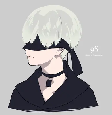 Fan art of 2B from NieR: Automata, depicted with white hair and a black blindfold, wearing a gothic-lolita style outfit.