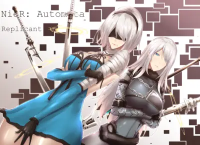 Fan art of 2B (YoRHa No.2 Type B) from NieR: Automata, depicted with silver hair and a blue dress against a pixelated background.