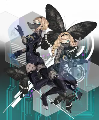Digital illustration of 2B and A2 from NieR: Automata, featuring black dresses, blindfolds, and large butterfly wings in a futuristic setting.