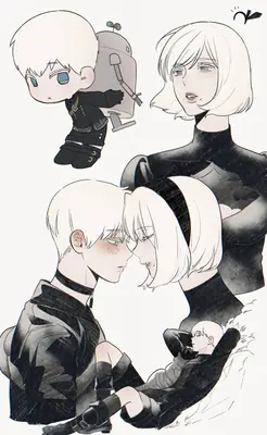 Fan art illustration of 2B and 9S from NieR: Automata, featuring multiple depictions including a chibi version and intimate close-up.