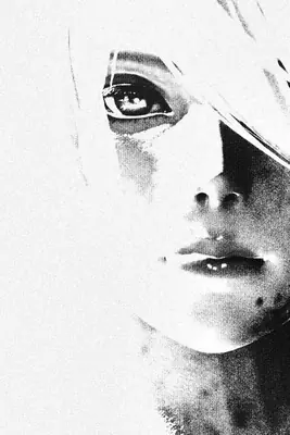 A black and white digital illustration of 2B from NieR: Automata, featuring her blindfold and intense gaze.