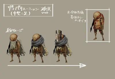 Concept art of 2B from NieR: Automata showing multiple variations of a robot character with a blindfold and tattered clothing.