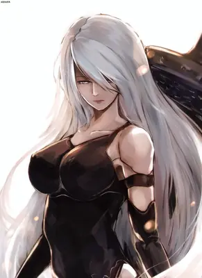 Digital illustration of 2B (YoRHa No.2 Type B) from NieR: Automata, featuring long white hair and a black dress.