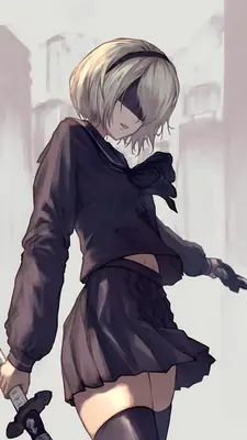 2B (YoRHa No.2 Type B) from NieR: Automata depicted in a gothic-lolita style outfit with a blindfold and sword, standing in a post-apocalyptic urban setting.