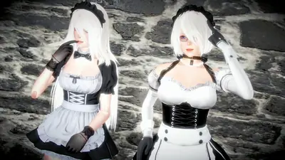 Fan art of 2B (YoRHa No.2 Type B) from NieR: Automata depicted in a gothic-lolita maid outfit with a blindfold, standing against a stone wall.