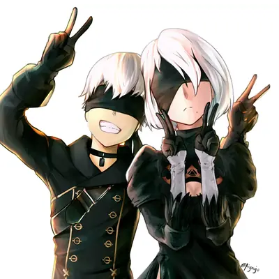 Fan art of 2B and 9S from NieR: Automata making peace signs in a playful pose.