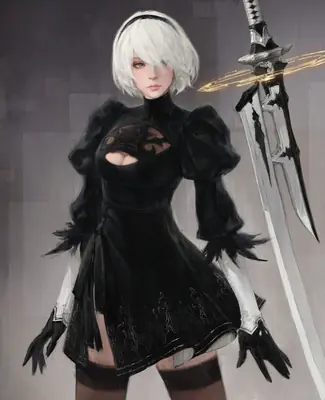 Digital illustration of 2B (YoRHa No.2 Type B) from NieR: Automata, wearing a black gothic-lolita dress with a blindfold and holding a large sword.