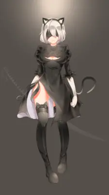 Fan art of 2B (YoRHa No.2 Type B) from NieR: Automata wearing a black gothic-lolita dress with cat ears and tail, standing against a dark background.