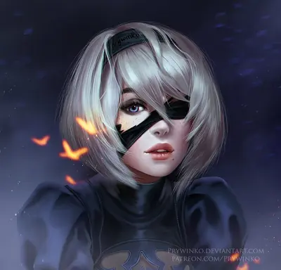 Digital illustration of 2B (YoRHa No.2 Type B) from NieR: Automata, featuring her signature white hair and blindfold against a dark, starry background.