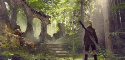 2B (YoRHa No.2 Type B) stands in a sunlit forest with ancient ruins, from the game NieR: Automata.