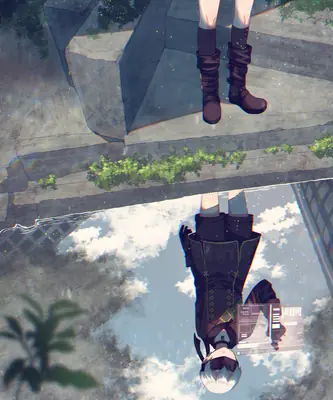 2B (YoRHa No.2 Type B) from NieR: Automata stands on a broken concrete structure with her reflection visible in a puddle below.