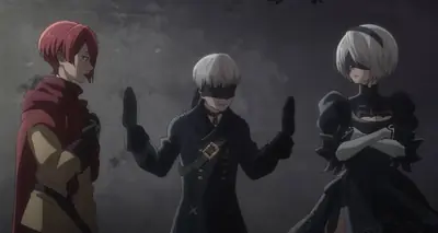 2B (YoRHa No.2 Type B) and 9S from NieR: Automata stand together in a dark, post-apocalyptic setting.