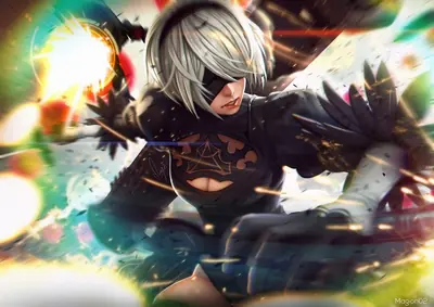 Fan art of 2B (YoRHa No.2 Type B) from NieR: Automata in a dynamic combat pose with a glowing weapon.