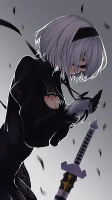 Digital illustration of 2B (YoRHa No.2 Type B) from NieR: Automata wearing a black gothic-lolita outfit with a blindfold and holding a sword.