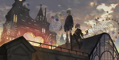 Fan art of 2B (YoRHa No.2 Type B) and 9S from NieR: Automata standing on a rooftop with fireworks and a Ferris wheel in the background.