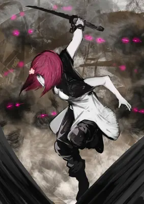 Fan art of 2B (YoRHa No.2 Type B) from NieR: Automata depicted in a dynamic combat pose with a sword and glowing pink particles.