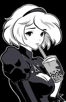 2B (YoRHa No.2 Type B) from NieR: Automata holding a bubble tea drink in a black and white digital illustration.