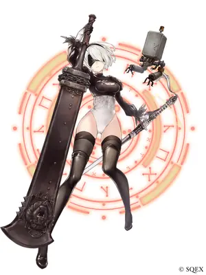 Fan art of 2B (YoRHa No.2 Type B) from NieR: Automata holding a large sword and a drone in a dynamic pose.