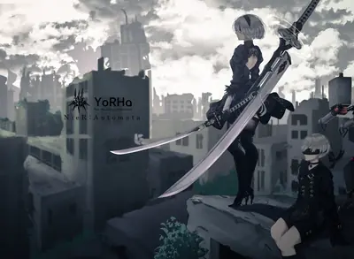 2B (YoRHa No.2 Type B) from NieR: Automata stands on a ruined building with a large sword, overlooking a desolate cityscape.