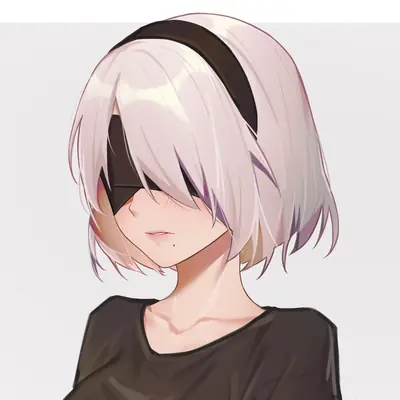 Fan art of 2B (YoRHa No.2 Type B) from NieR: Automata, depicted with short white hair and a black blindfold.