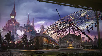 A digital illustration of 2B (YoRHa No.2 Type B) from NieR: Automata standing in a dilapidated amusement park with a broken Ferris wheel and gothic architecture.