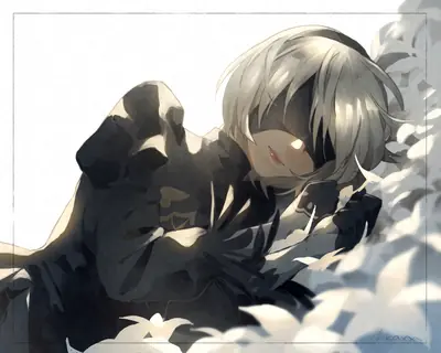 Digital illustration of 2B (YoRHa No.2 Type B) from NieR: Automata, shown lying down with a blindfold and white hair.