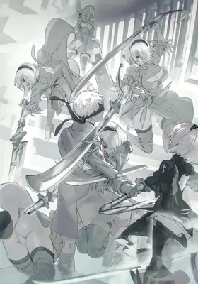 Fan art of 2B (YoRHa No.2 Type B) from NieR: Automata depicted in a dynamic combat pose with multiple figures and swords.