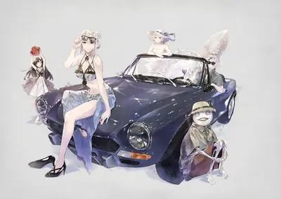 2B (YoRHa No.2 Type B) from NieR: Automata depicted in a swimsuit sitting on a vintage convertible, surrounded by other characters in a stylized digital illustration.