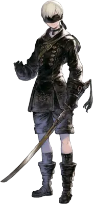 2B (YoRHa No.2 Type B) from NieR: Automata wearing a gothic-lolita style outfit with a blindfold and sword, standing against a black background.