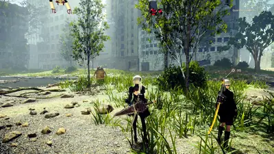 2B (YoRHa No.2 Type B) from NieR: Automata stands in a post-apocalyptic landscape with overgrown vegetation and ruined buildings.