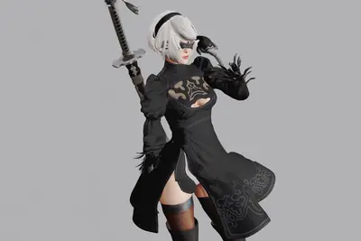 Digital illustration of 2B (YoRHa No.2 Type B) from NieR: Automata, depicted in a black gothic-lolita dress with a blindfold and sword.