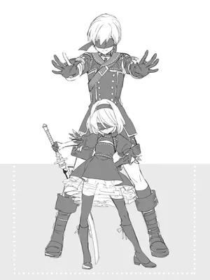 Black-and-white fan art of 2B and 9S from NieR: Automata, featuring both characters in dynamic poses with swords.