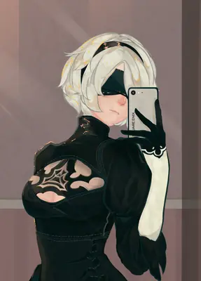 2B (YoRHa No.2 Type B) from NieR: Automata taking a mirror selfie with a smartphone, wearing her signature black dress and blindfold.