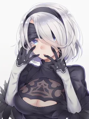 Fan art of 2B (YoRHa No.2 Type B) from NieR: Automata, depicted with silver hair, a black blindfold, and a gothic-lolita style outfit.