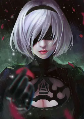 Digital illustration of 2B (YoRHa No.2 Type B) from NieR: Automata standing in the rain with a blindfold and white hair.