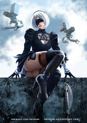 2B (YoRHa No.2 Type B) from NieR: Automata sits on a cracked wall, wearing a black gothic-lolita outfit with a blindfold and combat boots, surrounded by flying machines.