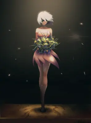 Digital illustration of 2B (YoRHa No.2 Type B) from NieR: Automata holding a bouquet of flowers in a dark, atmospheric setting.
