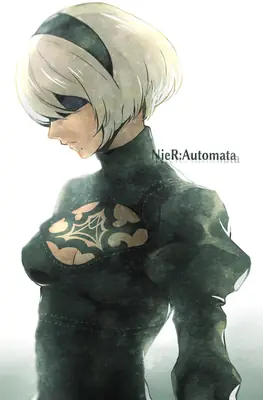 Digital illustration of 2B (YoRHa No.2 Type B) from NieR: Automata wearing a black dress with a blindfold and short white hair.