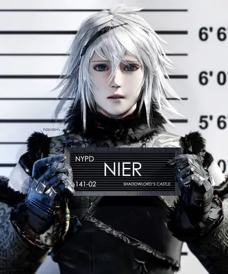 Fan art of 2B (YoRHa No.2 Type B) from NieR: Automata standing in a mugshot pose with a sign, wearing her signature outfit and blindfold.
