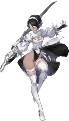 2B (YoRHa No.2 Type B) from NieR: Automata in a dynamic combat pose with a sword and gun, wearing her signature white and black outfit.
