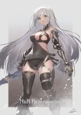 Digital illustration of 2B (YoRHa No.2 Type B) from NieR: Automata, depicted with long white hair, a black gothic-lolita style dress, and mechanical arm prosthetics.