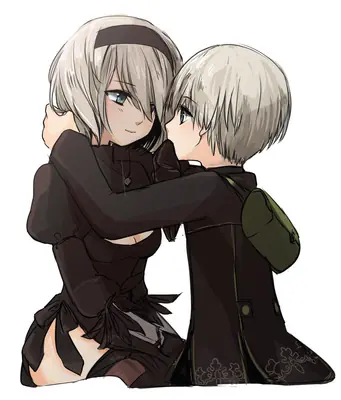 Fan art depicting 2B (YoRHa No.2 Type B) embracing 9S from NieR: Automata, both characters shown with silver hair and dark outfits.