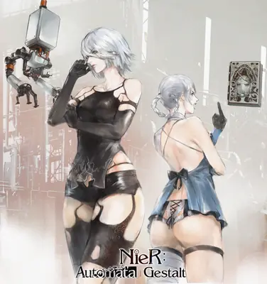 Fan art of 2B (YoRHa No.2 Type B) from NieR: Automata depicted in a gothic-lolita style with a blindfold and combat outfit.
